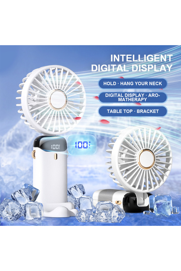 White Electric Handheld Fan Portable Mini Fan Foldable Neck Hanging Fans 5 Speed USB Rechargeable Fa