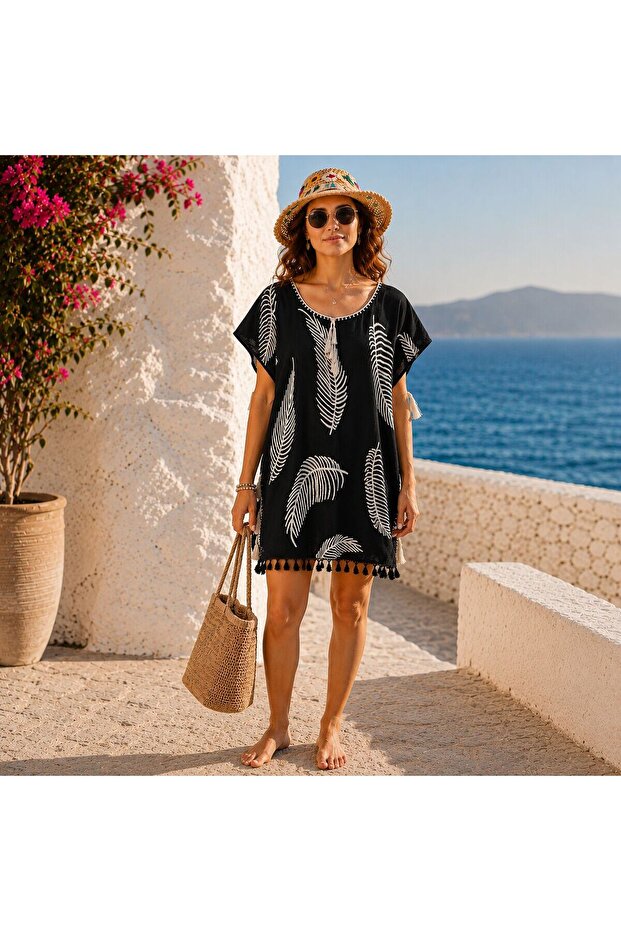 Par-13038 Black Leaf Patterned Şile Cloth Beach Dress & Pareo | Eos Collective