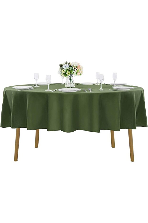 Green Round Tablecloth | Liquid Proof | Linen | Custom Size | Oeko-Tex ® Certificate | 65% Cotton 35% Polyester