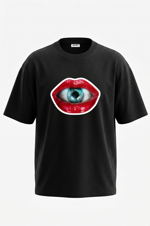 Red Lip Eye Design Printed Oversize Black T-Shirt