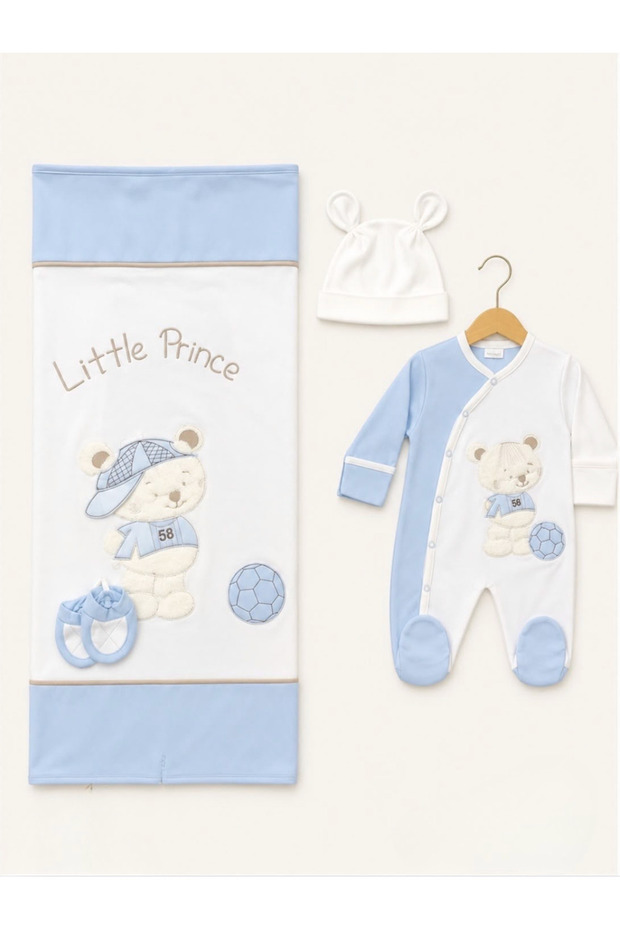 Baby Boy Teddy Bear Embroidered 4-Piece Blanket Romper Set (Romper + Blanket + Beanie + Booties)