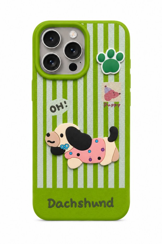 iPhone 14 Pro Max Compatible 3D Dachshund Dog Figured Striped Silicone Phone Case