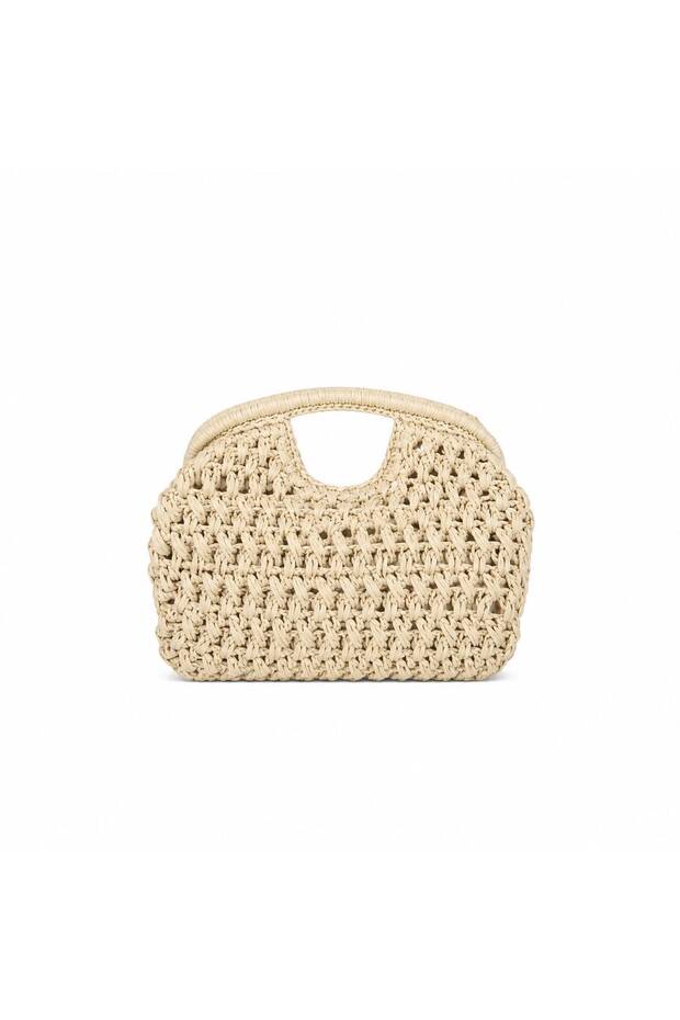 Lorisa Gold Chain Detailed Straw Hand and Shoulder Bag Cream