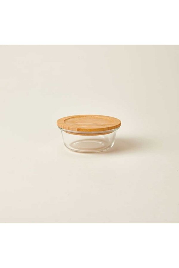 Kitchen Bamboo Lid Round Storage Container - Transparent / Light Brown - 400 ml