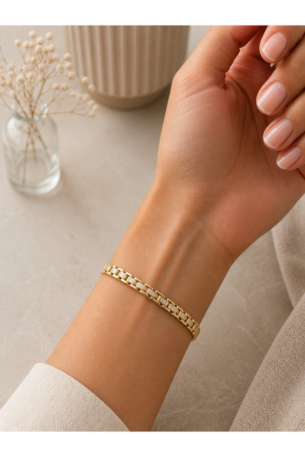 Women's Gold Color Geometric Stone Detailed Chain Bracelet – 316L Stainless Steel