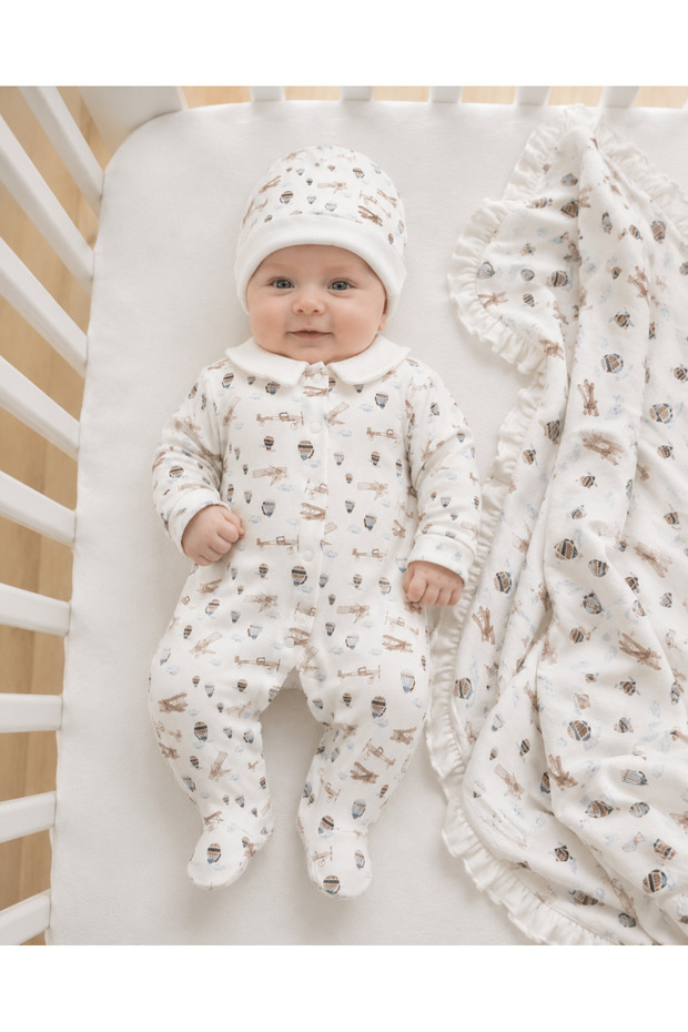 Little Aviator Airplane and Balloon Patterned 0-3 Months Baby Boy Romper, Hat and Blanket Newborn Set