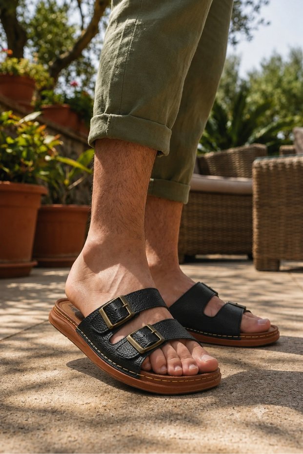 Men's Double Buckle Black Comfortable Sole Daily Slippers