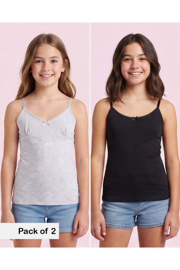 Senior Girls Light Grey Melange And Black Vest Set (Pack Of 2)