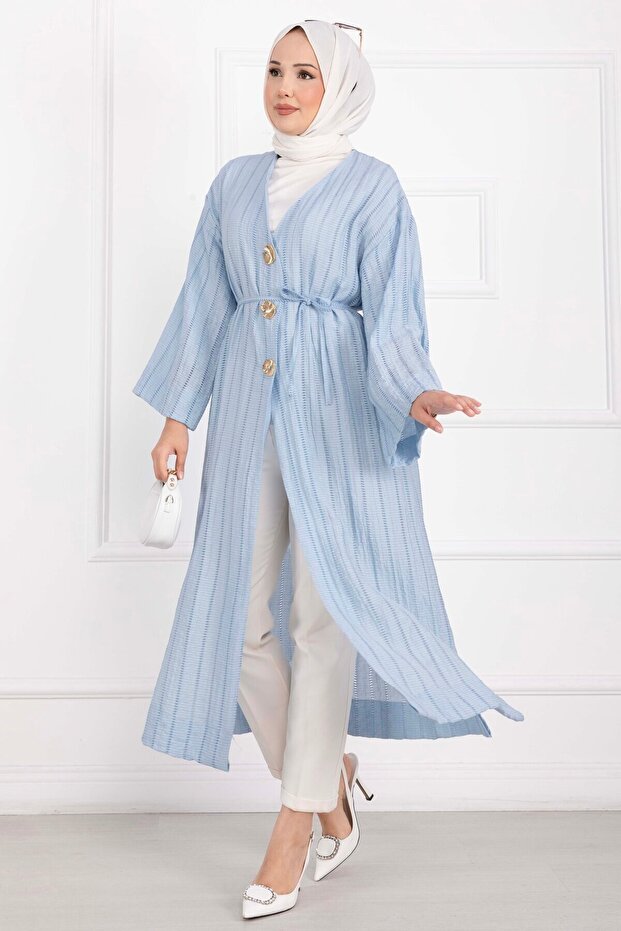 Gold Buttoned Lace-Up Long Kimono Baby Blue