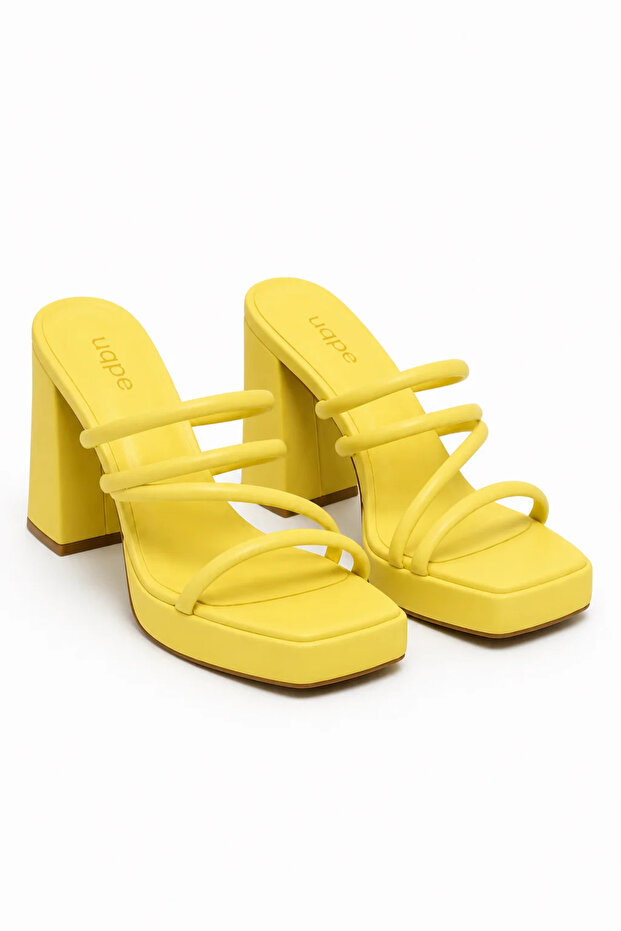 Women's Platform Heeled Thick-Strapped High Thick Heel Slippers Mule - Leya - Yellow