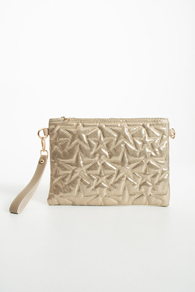 Star Embroidered Portfolio Handbag with Chain and Wrist Strap, Satin Lined Clutch Bag