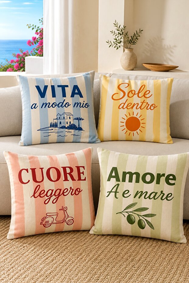 Spanish Texts Patterned 4-Piece Throw Pillow Cover Set