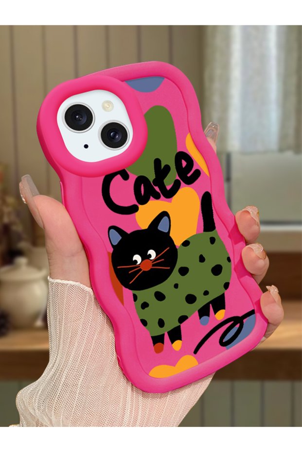 iPhone 15 Compatible Case with Camera Protector Red Silicone Couple Phone Case Cat Pattern