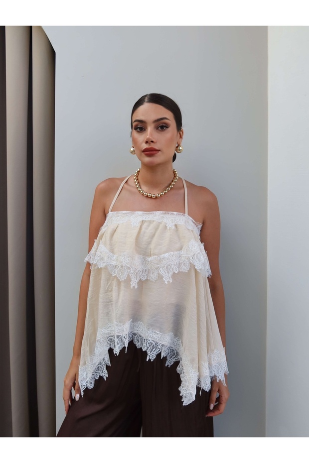 Lace Detail Asymmetrical Chiffon Blouse