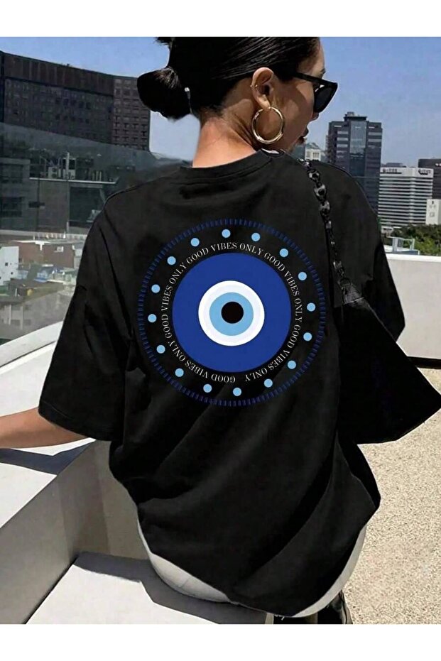 Women's Good Vibes Only Evil Eye Printed Crewneck T-Shirt
