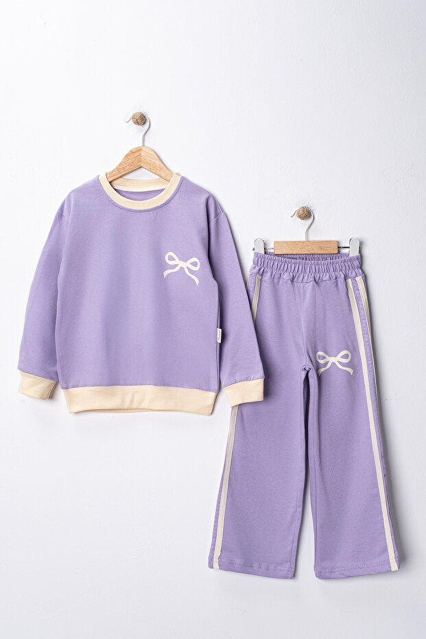 3-4-5-6 Years Old Girls' Set with Ribbon Printed Stripes