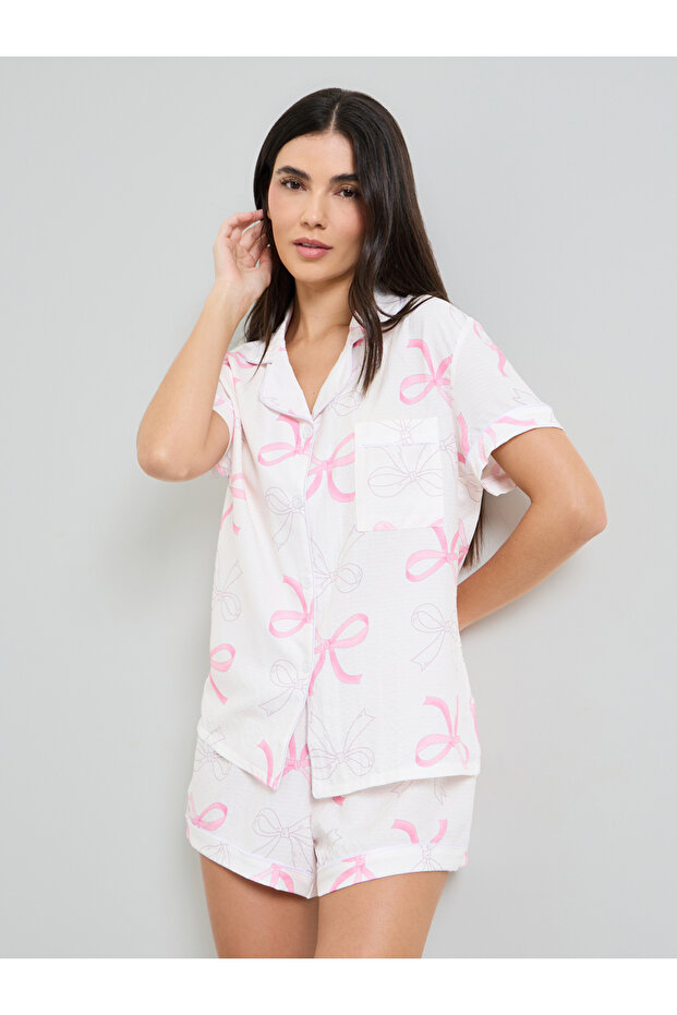 Bow Print Piped Pocket Ss Shirt & Short Set