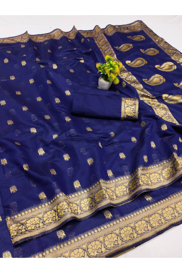 Bue Soft Lilan Slub Weaving Saree with Rich Blouse - FFT4028 | Blue