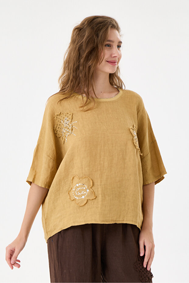 Camel Italian 100% Linen Stone Oversize Linen Blouse Size 38 - 42
