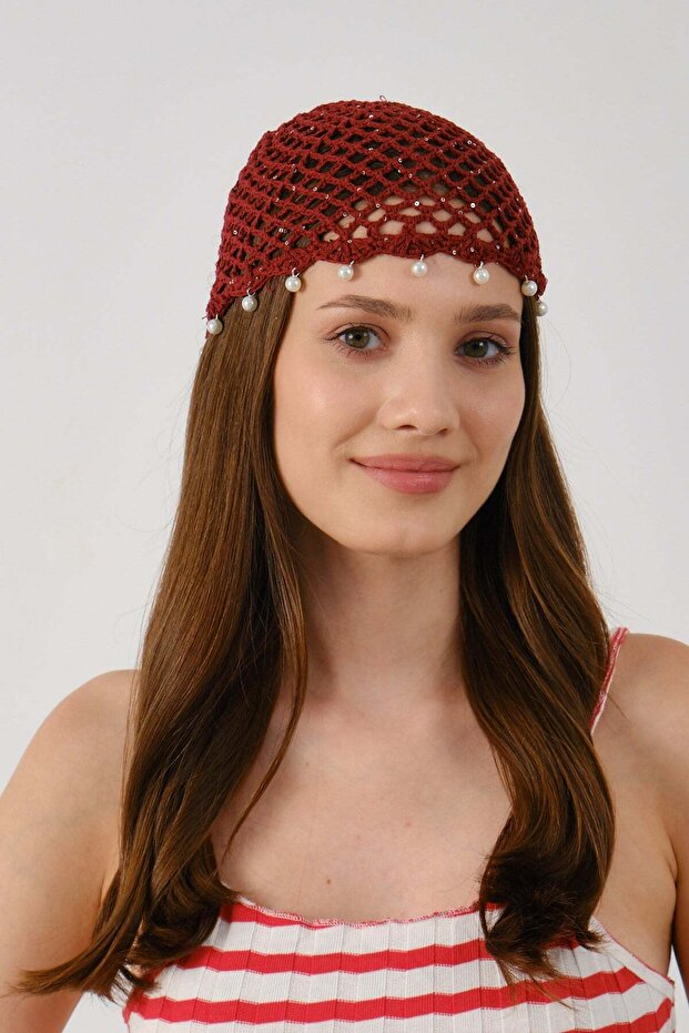 Fine Detailed Mesh Knitted Summer Beanie Y8257 Claret Red