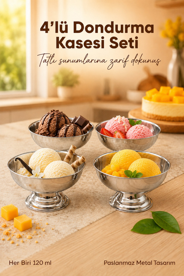 Set of 4 Stainless Metal Ice Cream Bowls with Stand Presentation Bowls 120 ml Ice Cream Dessert Bowls