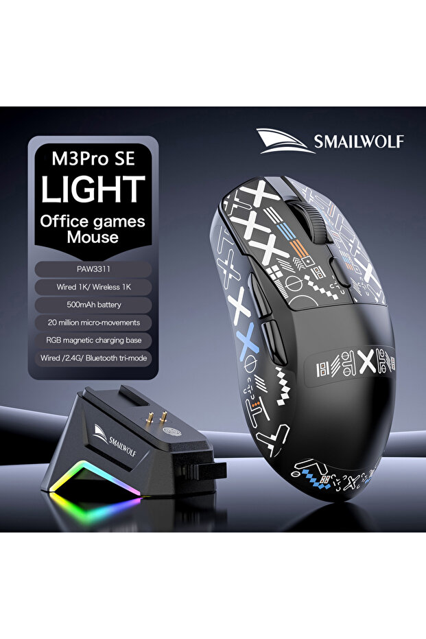 ماوس الألعاب اللاسلكي الجديد SMAILWOLF M3pro SE 2026 باللون الأسود، بتقنية البلوتوث وثلاثة أوضاع، مستشعر PAW3311، 1 كيلو هرتز Po