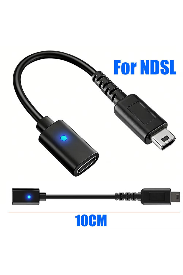 محول شحن USB-C أسود بطول 10 سم مع مؤشر LED (غير PD) لجهاز نينتندو DS لايت ND