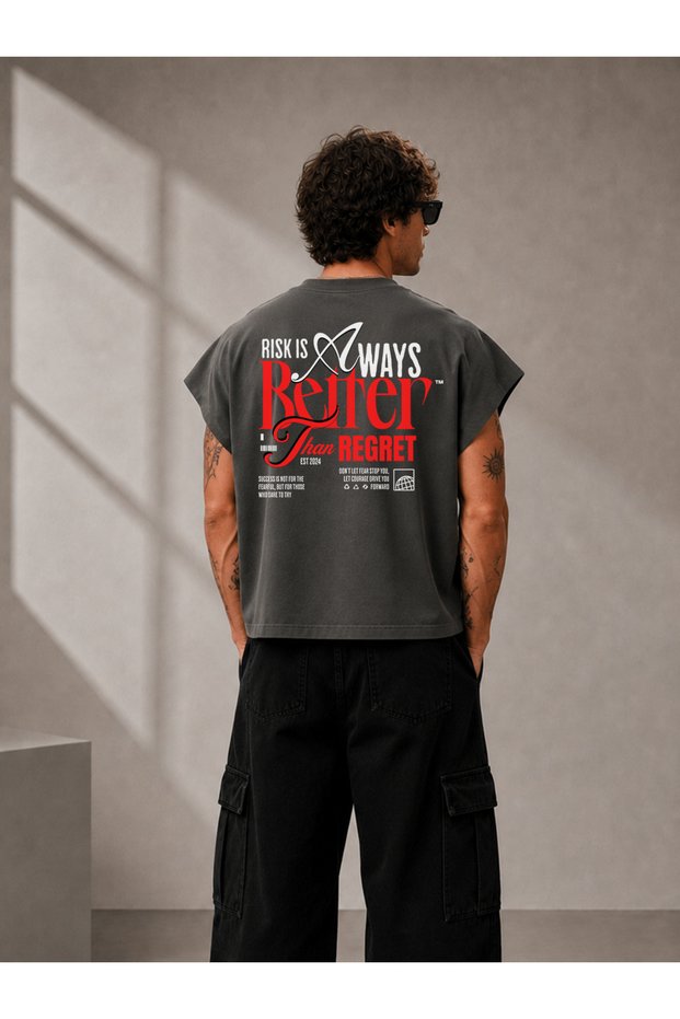 Risk Is Better Than Regret Printed Oversize Worker Boxy Fit Sleeveless Crew Neck T-Shirt
