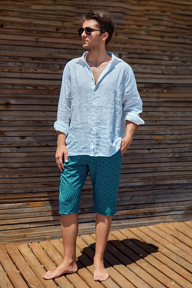 Geometric Patterned Men's Sea Pool Shorts Above Knee Swimwear Rk002-26 Petrol