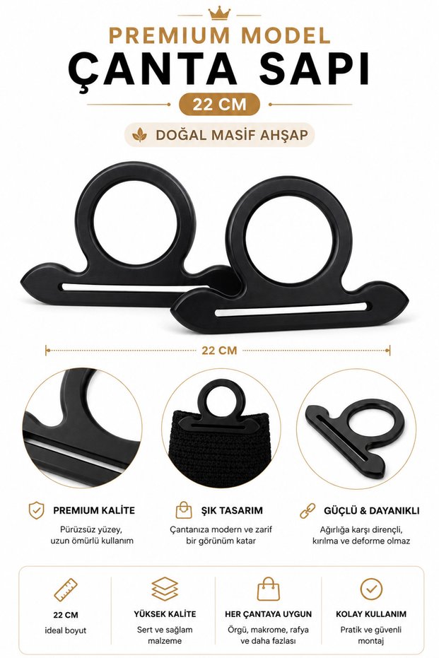 Natural Solid Wood Premium Bag Handle 22 cm 1 Pair (2 Pieces) Handmade Bag Handle Bag Accessory