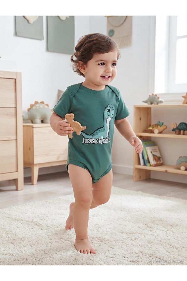 Jurassic world 6-18 months snap-on bodysuit - green