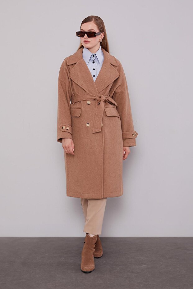 Brown Double-Breasted Collared Cashmere Coat