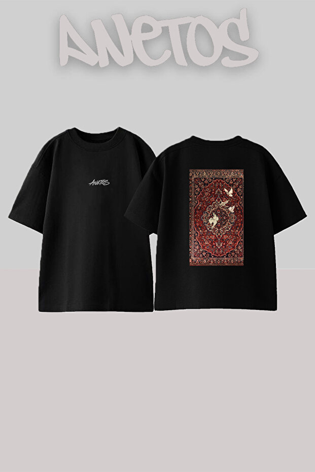 Persian Carpet Doves Design Back Printed Cotton Black Oversize T-Shirt