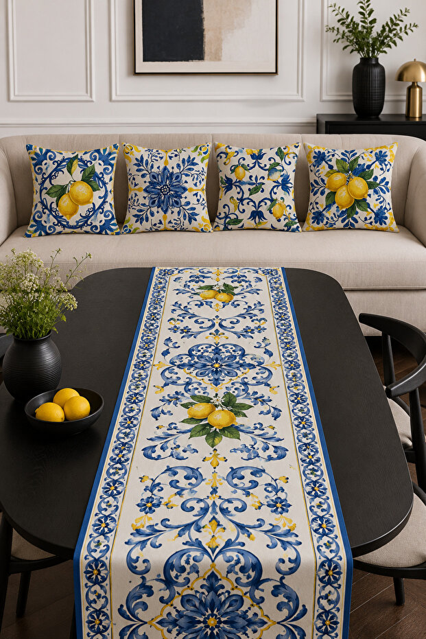 Blue and Yellow Baroque Lemon Patterned Runner and Set of 4 Cushion Covers Mediterranean