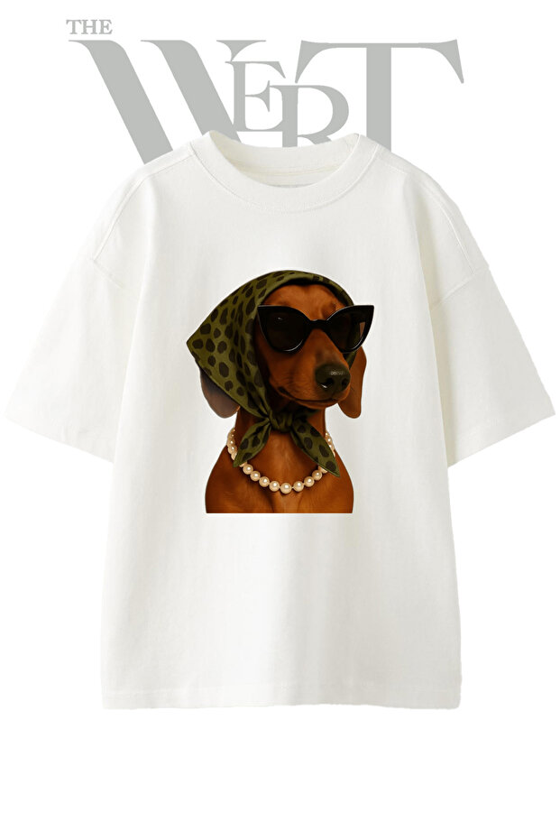 Dachshund Chic Design Printed Unisex White Oversize T-Shirt
