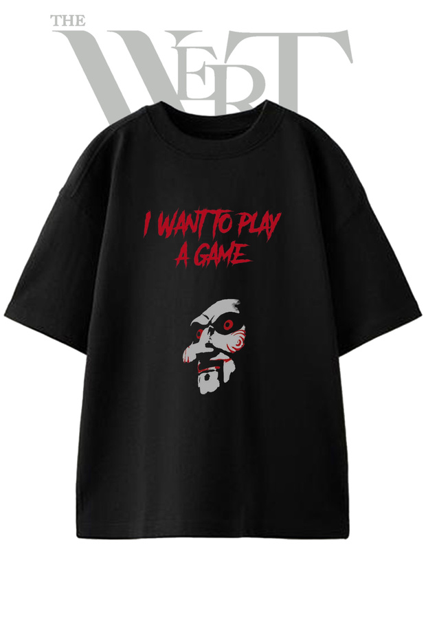 Saw Jigsaw Design Printed Unisex Black Oversize T-Shirt
