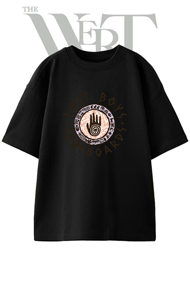 Surf Tribal Design Printed Unisex Black Oversize T-Shirt