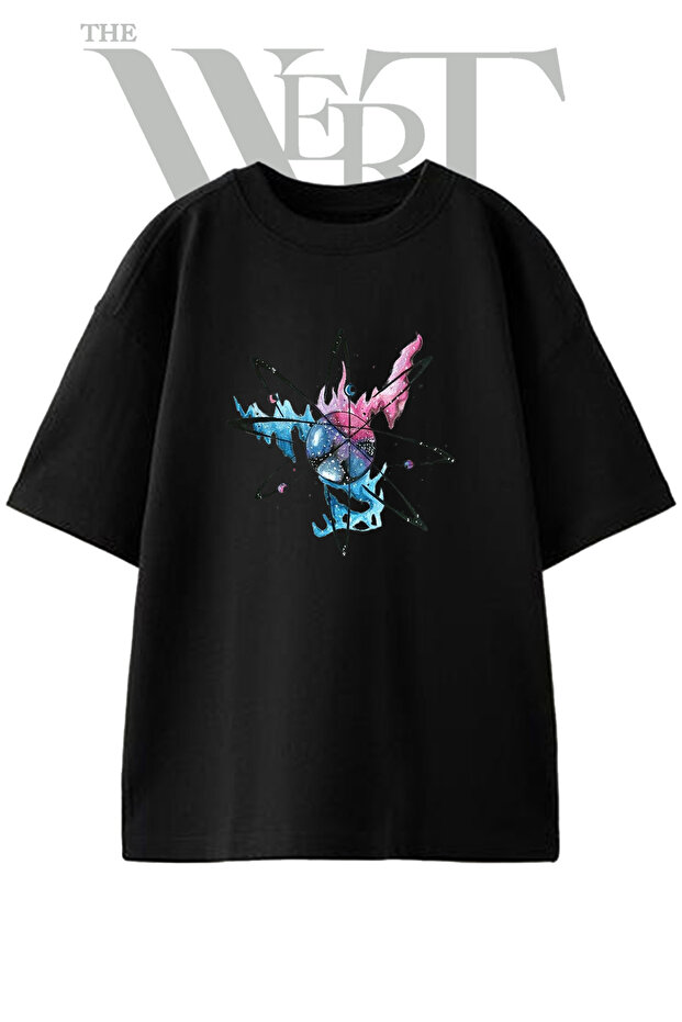 Atom Galaxy Design Printed Unisex Black Oversize T-Shirt