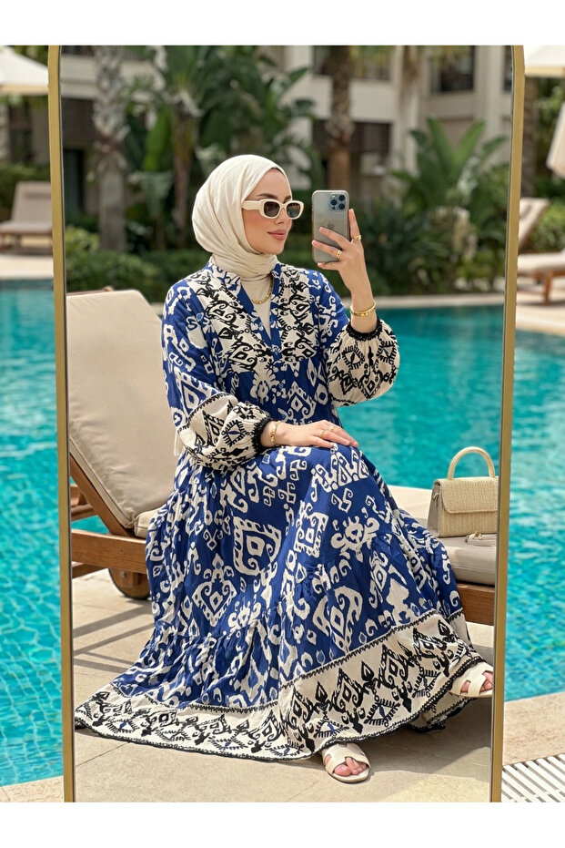 فستان نسائي من الفيسكون بنقشة أصلية وملابس محتشمة