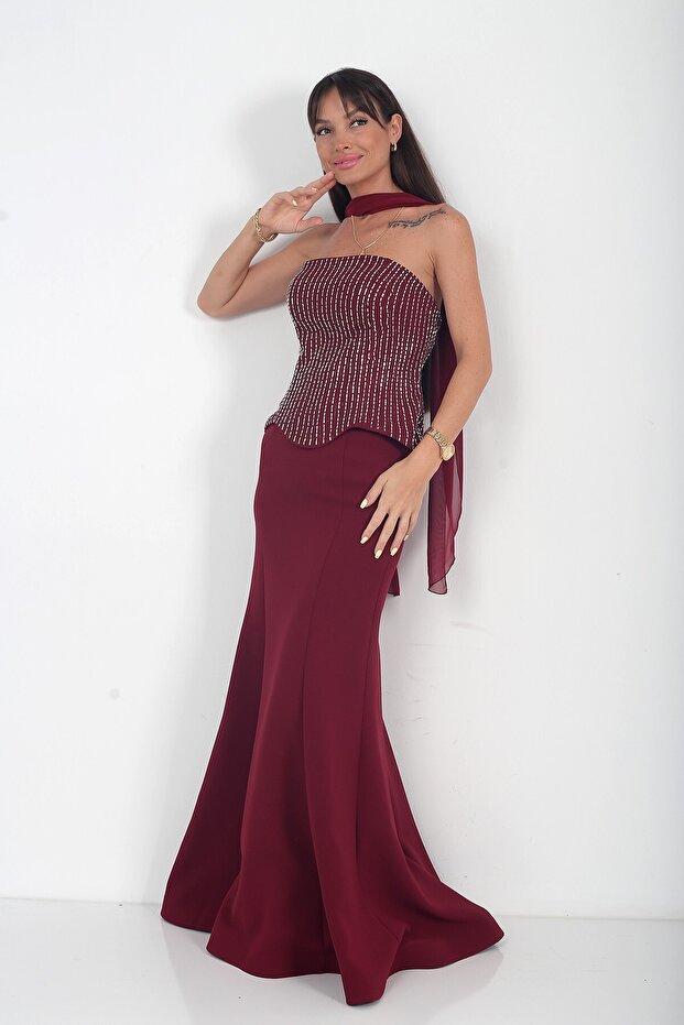Women's Strapless Collar Underwire Stone Detailed Lined Crepe Fish Dress