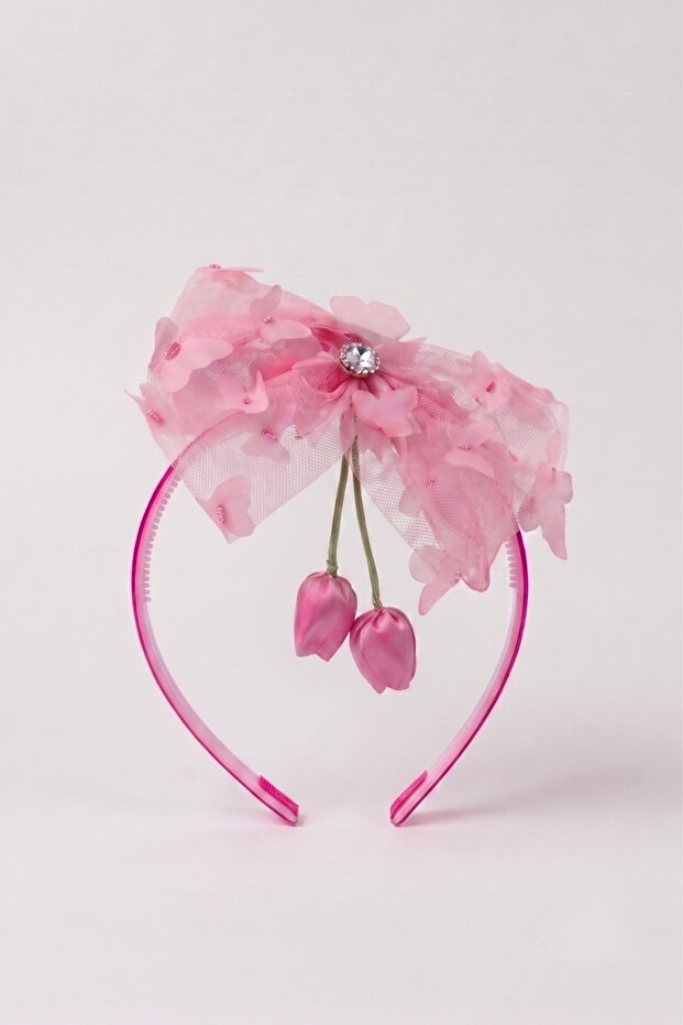 Fuchsia Tulip Figured Butterfly Tulle and Stone Girls' Crown
