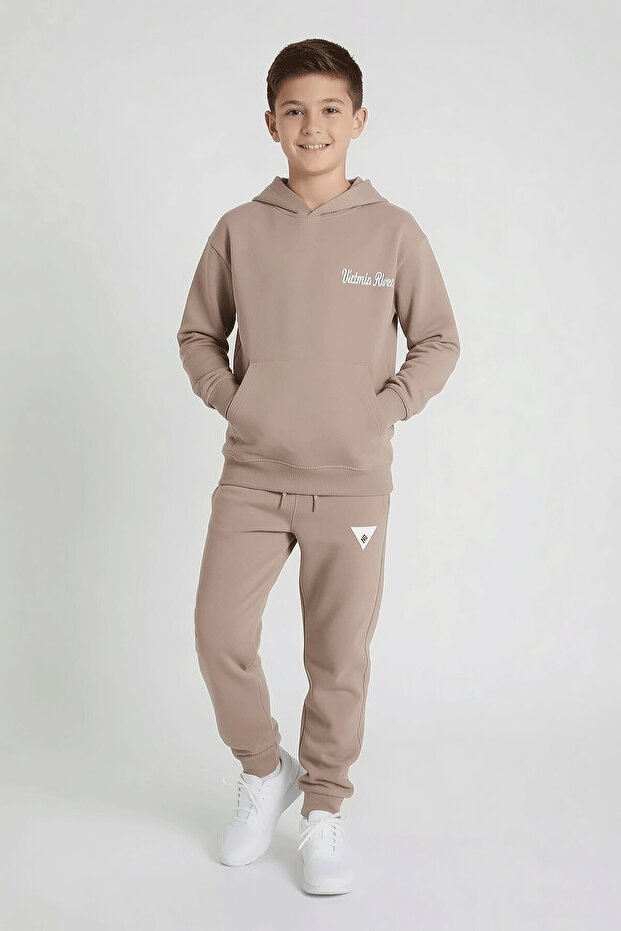 Brown Boy's Text Embroidered Hooded Tracksuit Set 24702