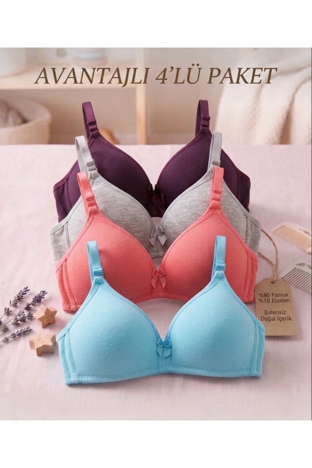 4-Piece Economical Cotton Girls' Training Bras with Removable Straps and Without Underwire