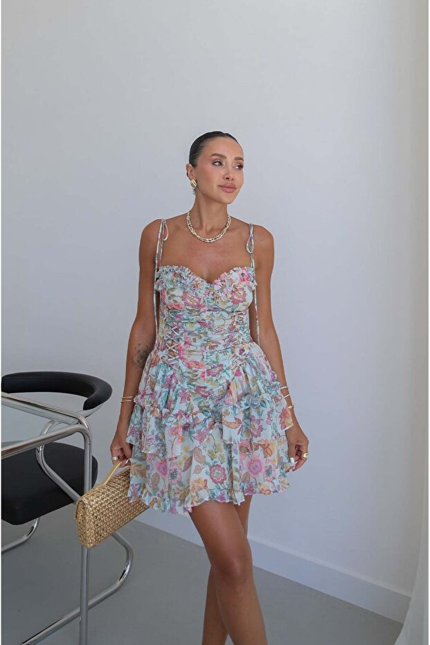 Turquoise Floral Flounce Mini Dress
