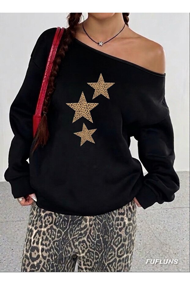 Leopard Stars Printed Oversized Women's Boat Neck Sweatshirt