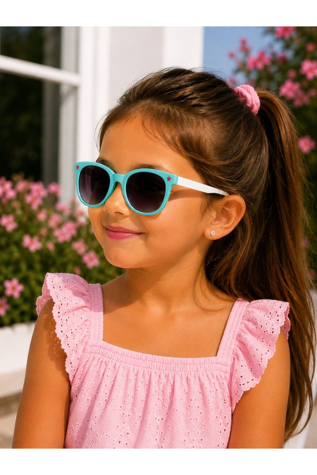 Girl's Turquoise Framed White Handle Uv400 Sunglasses – Star Detail