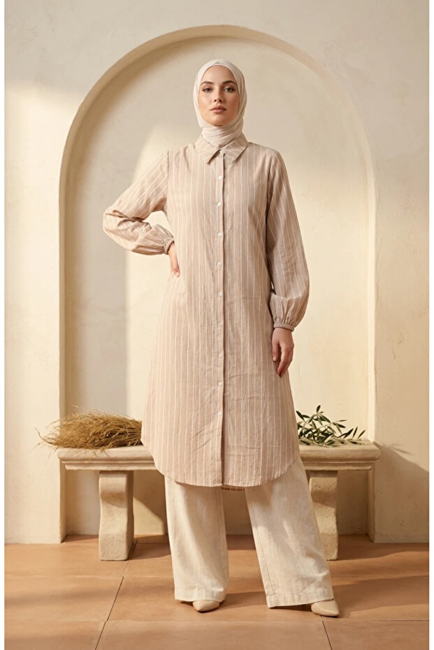 Muslin Fabric Buttoned Striped Tunic 0342-04 Beige