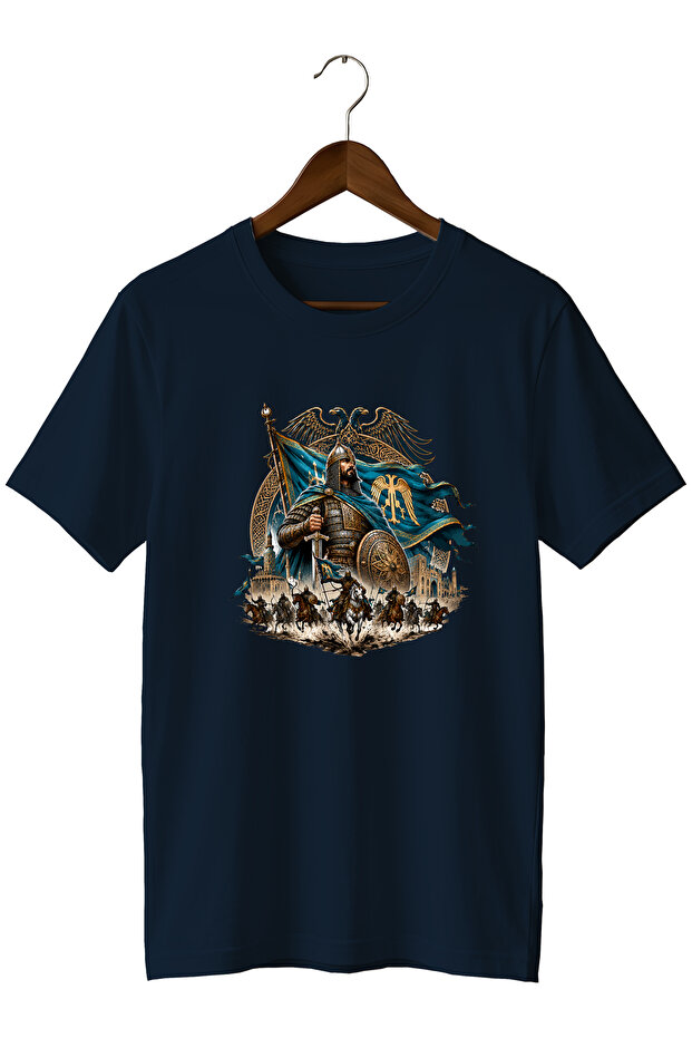 Unisex T-Shirt with Large Seljuk Warrior and Double-Headed Eagle Print – Turkish Historical Design
