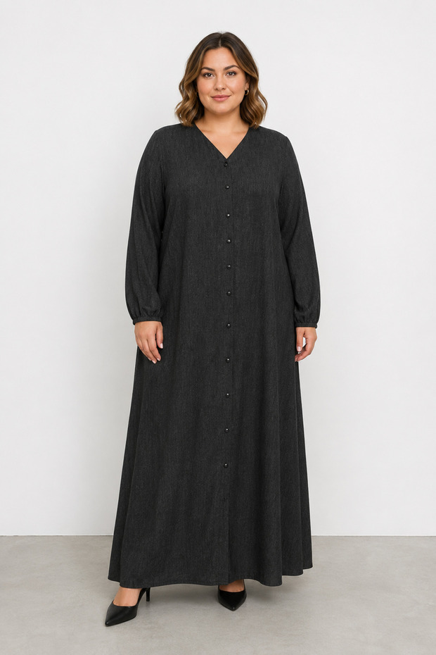 Women's V-Neck Buttoned Textured Maxi Dress 1688-Black