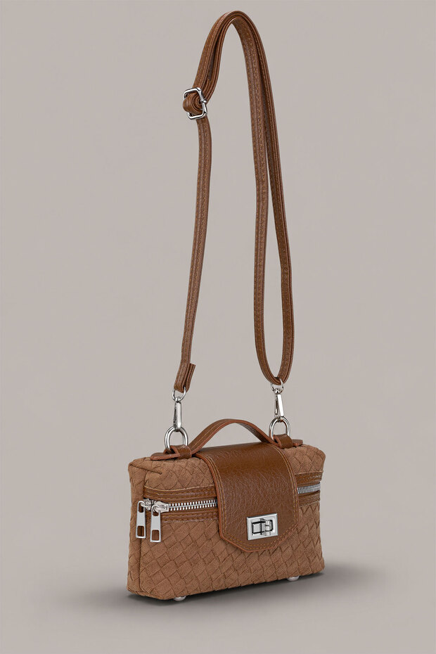 Tan Knitted Textured Women's Hand and Shoulder Bag – Lockable, Zippered, Adjustable Long Strap